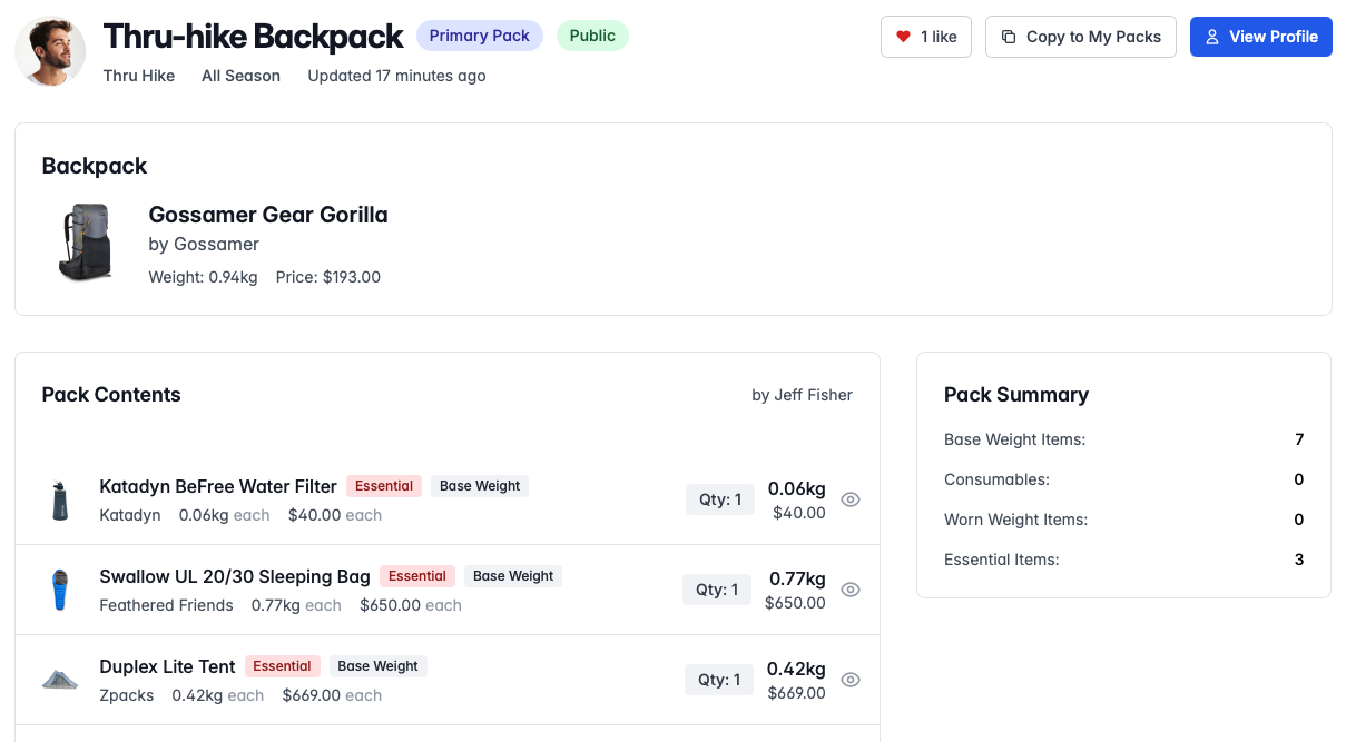 BackpackPeek app screenshot showing hiking gear organization
